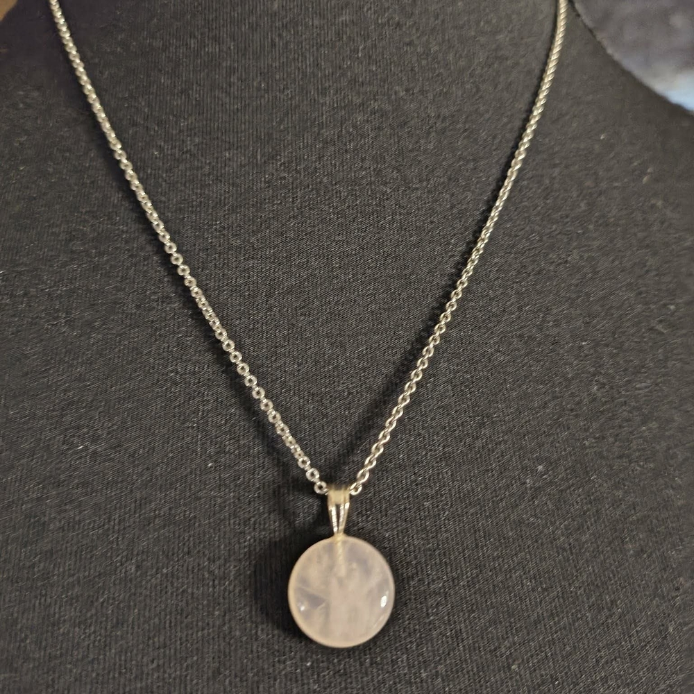 Avon Silvertone Rose Quartz Pendant Necklace - Pink Gemstone
